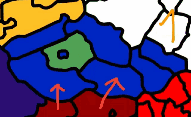 a drawing of a map with red arrows pointing upwards