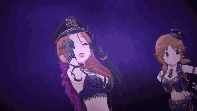 a girl in a purple bra and gloves is covering her face with her hand