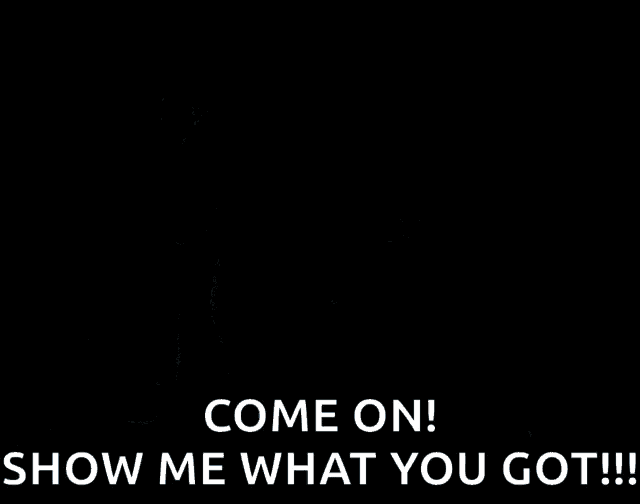 a man without a shirt is standing in front of a body of water with the words come on show me what you got