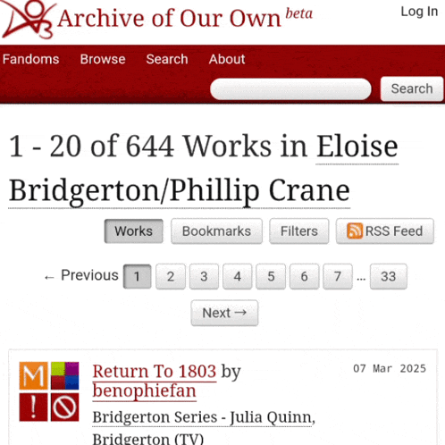 a screenshot of the archive of our own beta website showing 1-20 of 644 works in eloise bridgerton / phillip crane