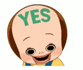 a cartoon baby with a bald head and the word yes on it .