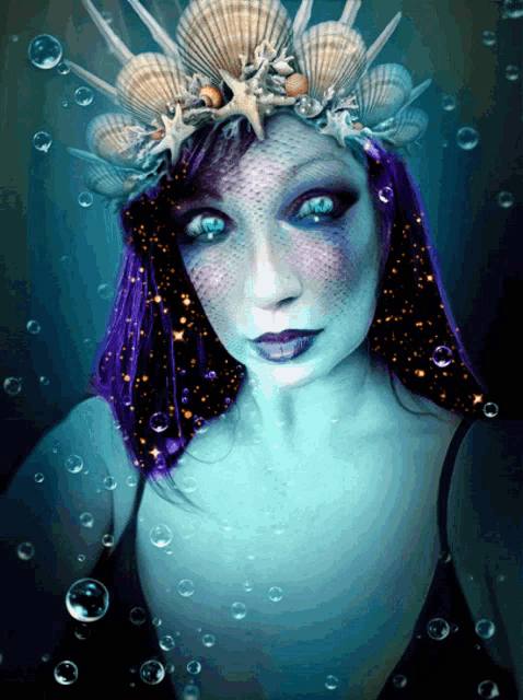 a woman with purple hair and seashells in her hair