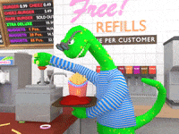a green dinosaur is holding a tray of french fries in front of a sign saying free refills