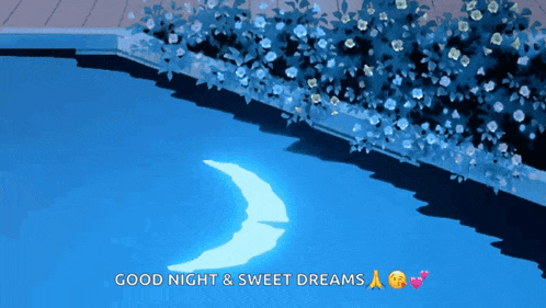 a crescent moon is reflected in a pool with the words good night & sweet dreams below it