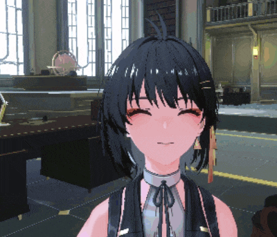 a girl with black hair is smiling in a room with a clock on the wall