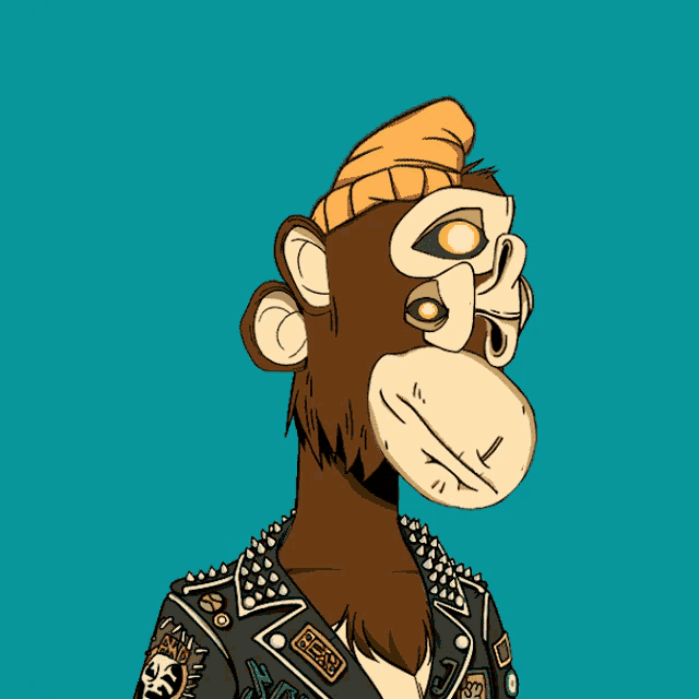 a cartoon of a monkey wearing a studded jacket with a sticker that says ' 666 '