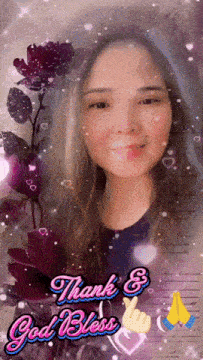 a woman 's face is surrounded by purple flowers and the words thank & god bless