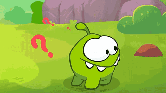 a green cartoon character with a question mark behind it