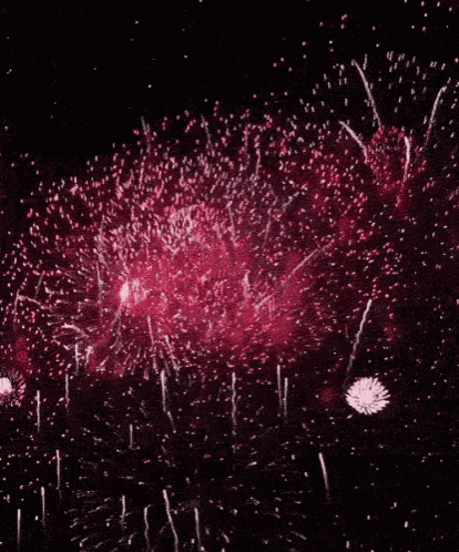 a bunch of red and white fireworks are exploding in the night sky