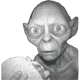a black and white drawing of a gollum eating a sandwich
