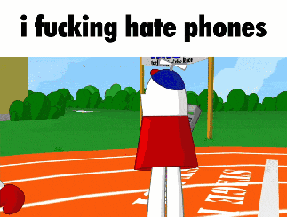 a cartoon character standing on a track with the words " i fucking hate phones "