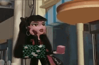 a cartoon doll is holding a cup and a gift box