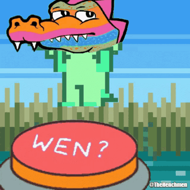 a cartoon of a crocodile standing next to a button that says wen