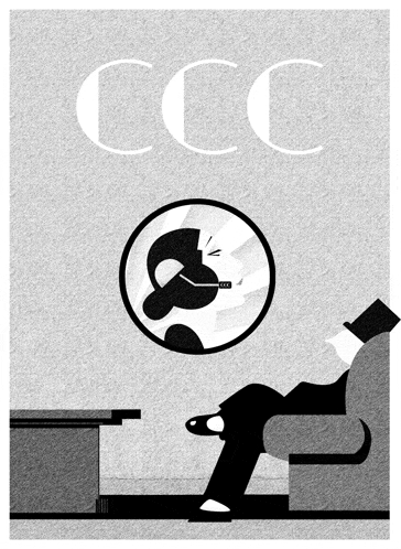 a black and white illustration of a man sitting in a chair with ccc written on the bottom