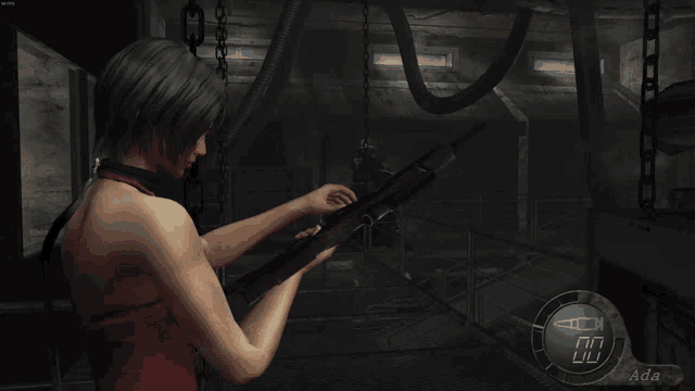 a woman holding a gun in a video game with the number 12 visible