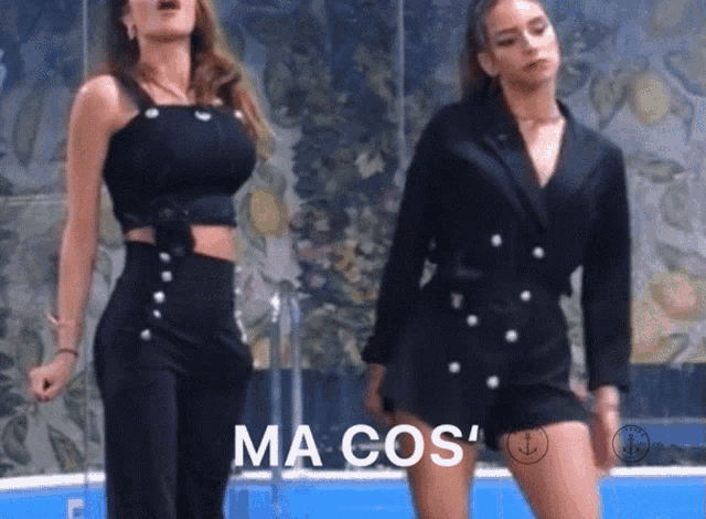 a couple of women standing next to each other with the word ma cos written on the bottom