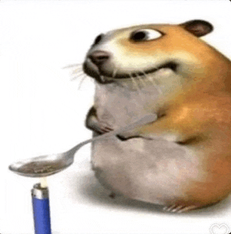 a hamster is holding a spoon in its mouth .