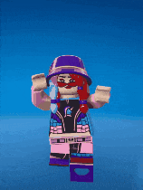 a lego character with a purple hat and a pink shirt