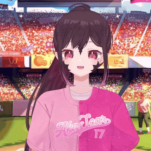 a girl wearing a pink jersey with the number 17