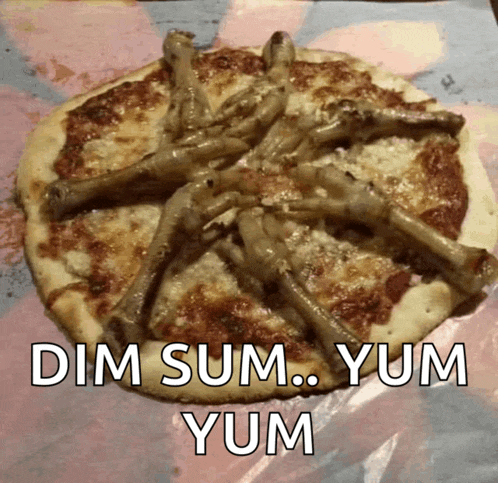 a dim sum pizza with chicken feet on it