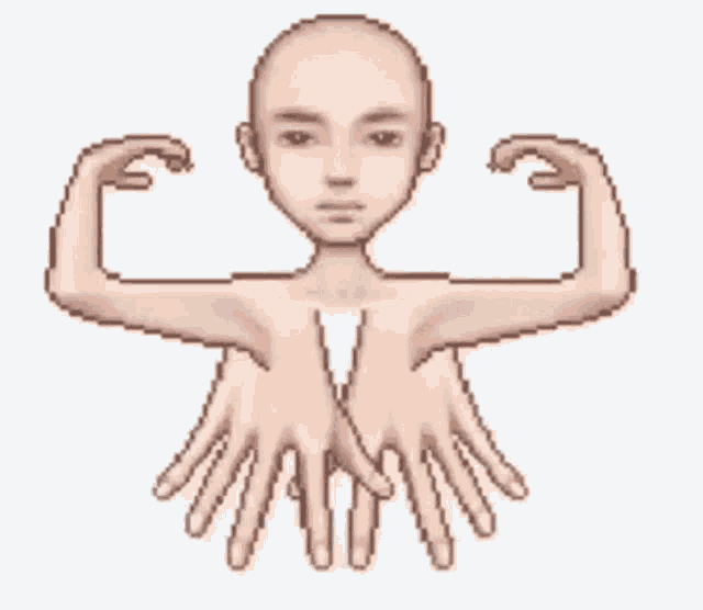 a pixel art of a man flexing his muscles with his hands in front of his face .
