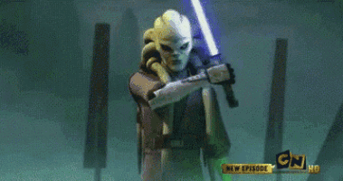 a cartoon character is holding two lightsabers in front of a sign that says cn