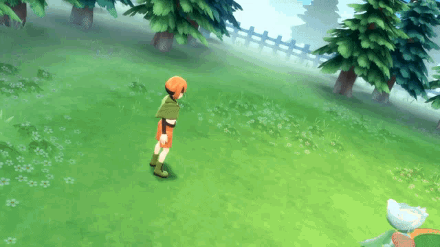 a cartoon character is standing in a grassy field with trees in the background
