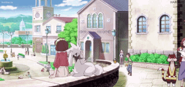 a cartoon drawing of a town with a few people and a dog