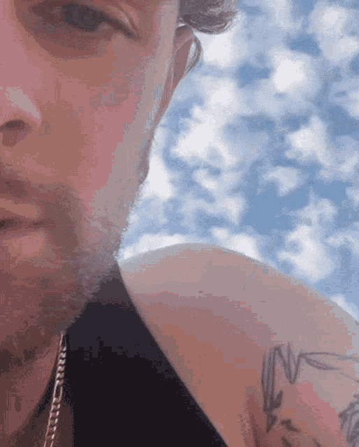 a close up of a man 's face with a blue sky behind him