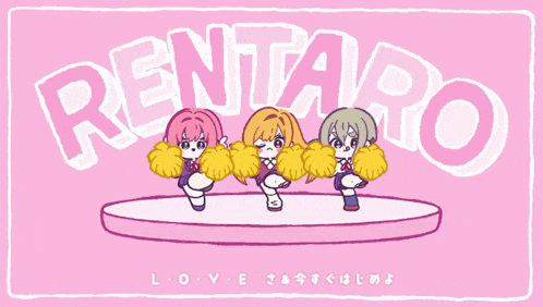 a cartoon of three cheerleaders with the word rentaro written above them