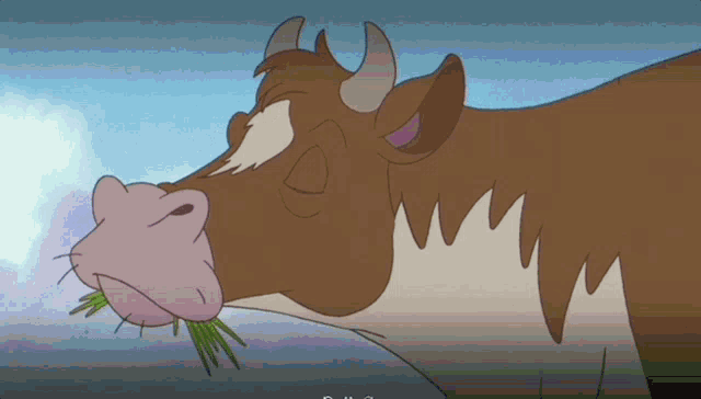 a cartoon cow with a pink nose is chewing on grass