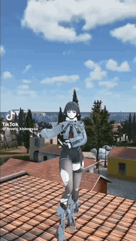 a girl is standing on a tiled roof in a video game