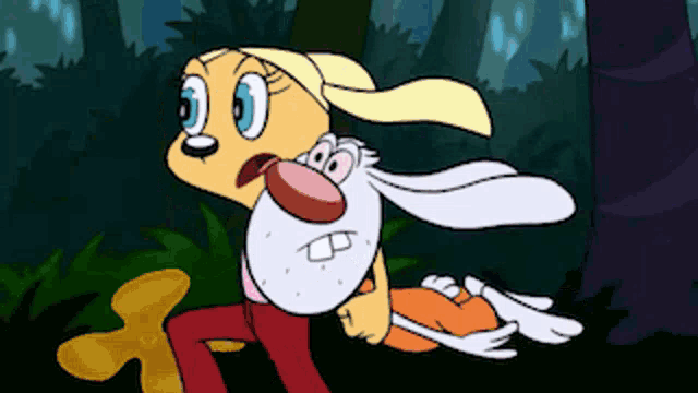 a cartoon of a dog holding a rabbit with the letter b on it