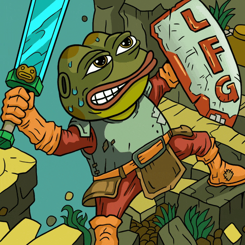a cartoon of a frog holding a sword and a shield that says lfg
