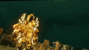 a gold robot with a sword is standing next to another robot with a sword .