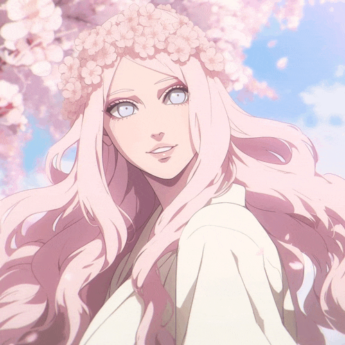 a girl with long pink hair and white eyes is wearing a flower crown