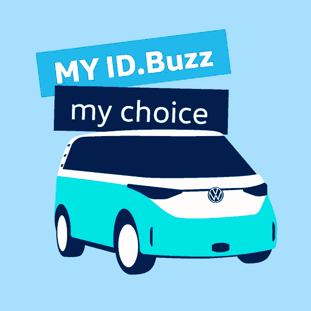 an advertisement for my id buzz my choice with a red vw van