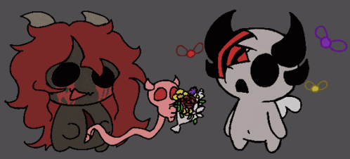 a drawing of a devil holding a bouquet of flowers next to a girl with red hair