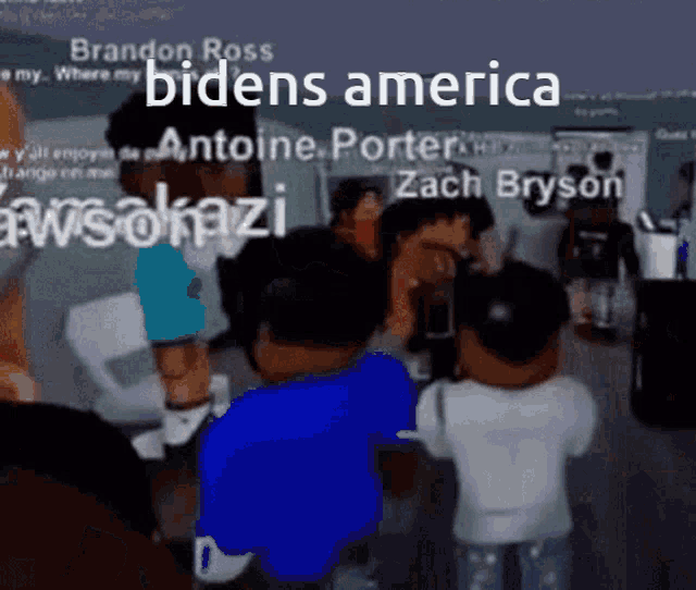 a group of people standing in front of a screen that says brandon ross bidens america
