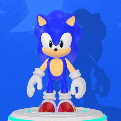 a sonic the hedgehog cartoon character is standing on a white platform