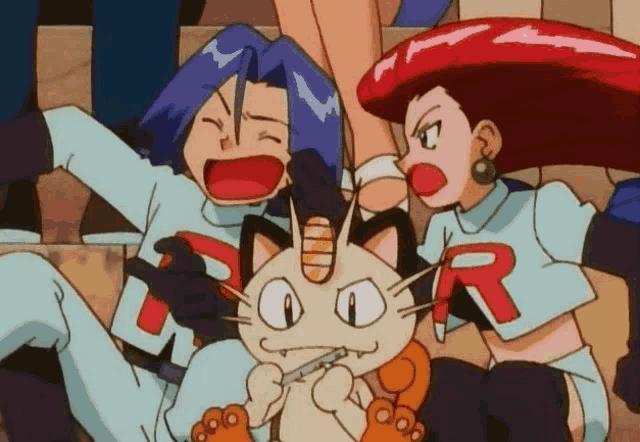 a group of cartoon characters with one wearing a shirt that says r