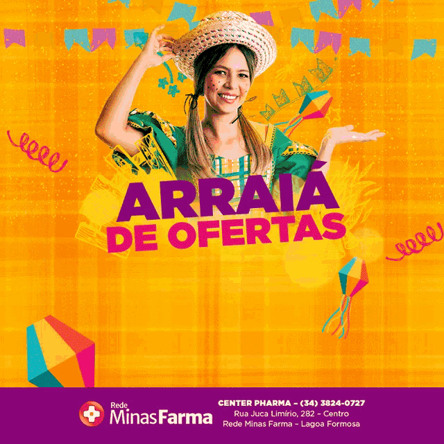 a poster for arraia de ofertas shows a woman in a costume