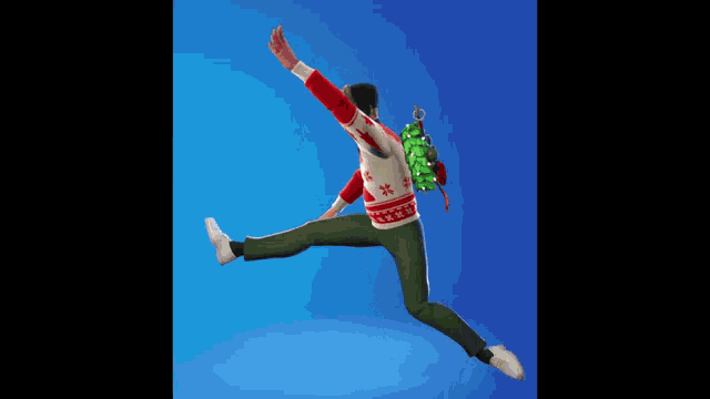 a man wearing a christmas sweater and a hat is dancing with a bag on his back .