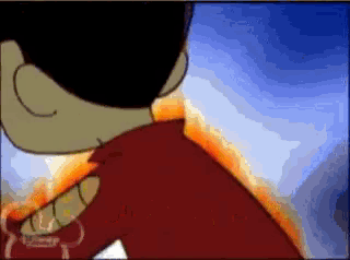 a cartoon character is standing in front of a fire with a blue sky in the background