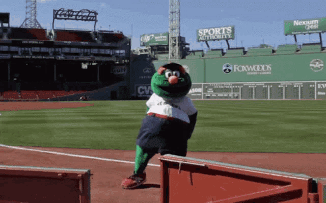 a mascot on a baseball field in front of a sports authority billboard