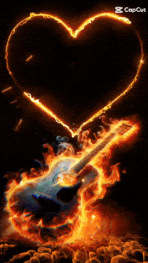 a guitar is surrounded by flames and a heart shaped fire
