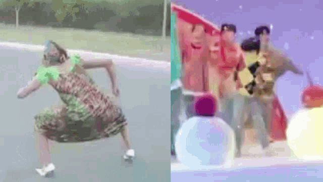 a woman in a dress is dancing in front of a snowman and a bottle of perfume .