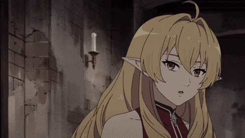 a girl with blonde hair and elf ears is standing in front of a wall with a candle on it