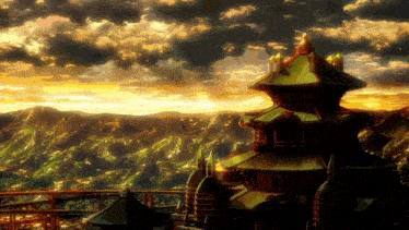 a painting of a castle in the middle of a mountain range