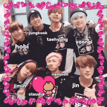 a group of young men are posing for a picture with their names written in pink glitter
